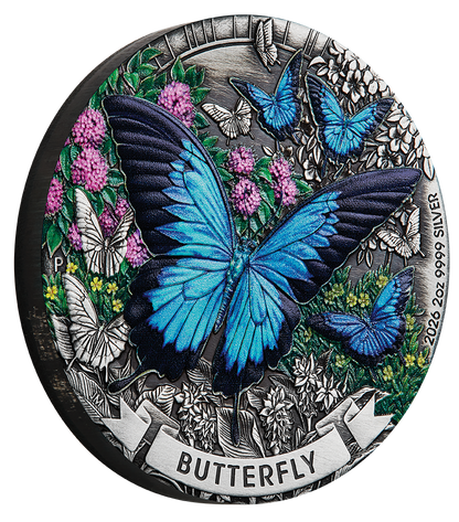 2026 $2 Butterfly 2oz Silver Coloured Antiqued Coin