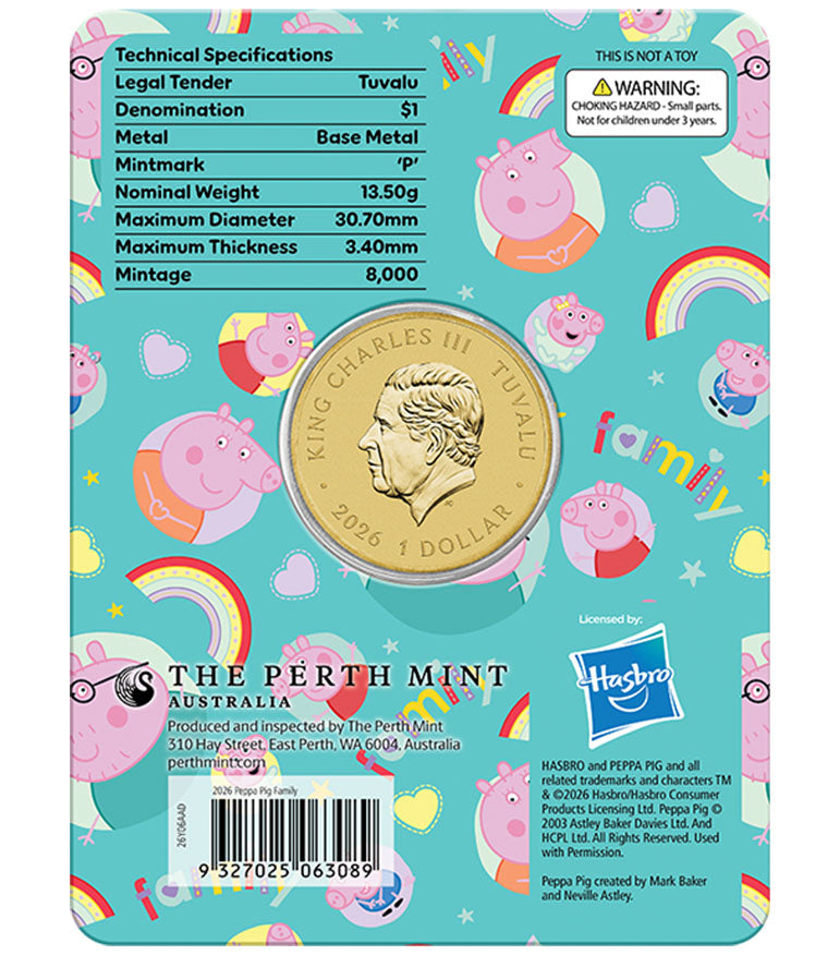 Tuvalu 2026 $1 Peppa Pig Family Coloured Uncirculated Coin