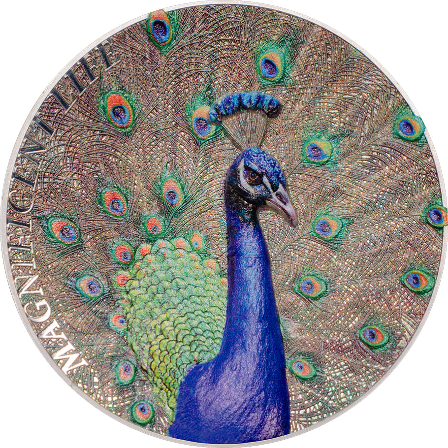 Cook Islands 2015 $5 Magnificent Life Peacock 1oz Silver Coloured High Relief Proof Coin