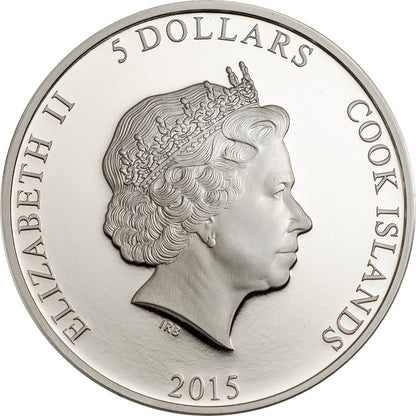 Cook Islands 2015 $5 Magnificent Life Peacock 1oz Silver Coloured High Relief Proof Coin