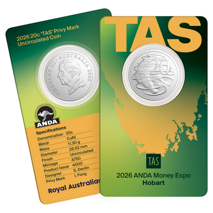 2026 20c ANDA Hobart State Series 'TAS' Privy Mark Uncirculated Coin