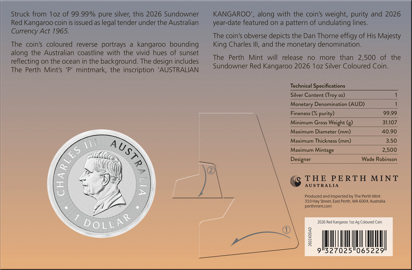 2026 $1 Australian Kangaroo Sundowner 1oz Silver Coloured Coin