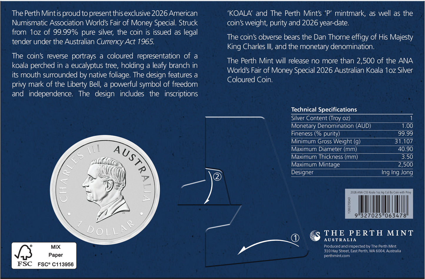 2026 $1 ANA Pittsburgh Australian Koala with Liberty Bell Privy 1oz Silver Coloured Coin