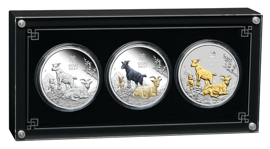 2027 $1 Lunar Year of The Goat 1oz Silver Proof 3 Coin Set