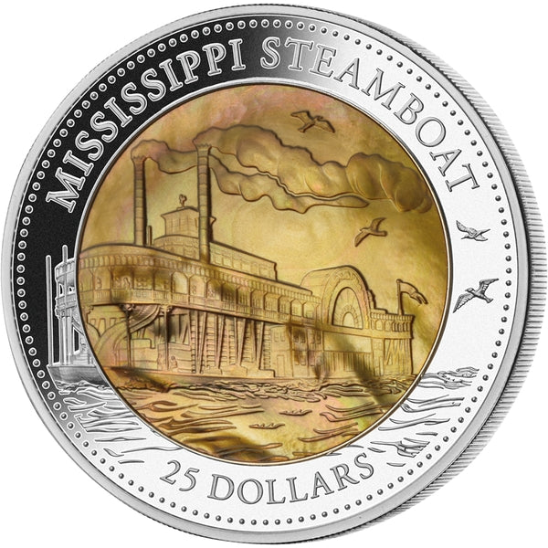 Cook Islands 2015 $25 Mississippi Steamboat Mother of Pearl 5oz Silver Proof Coin
