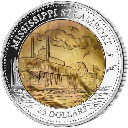 Cook Islands 2015 $25 Mississippi Steamboat Mother of Pearl 5oz Silver Proof Coin