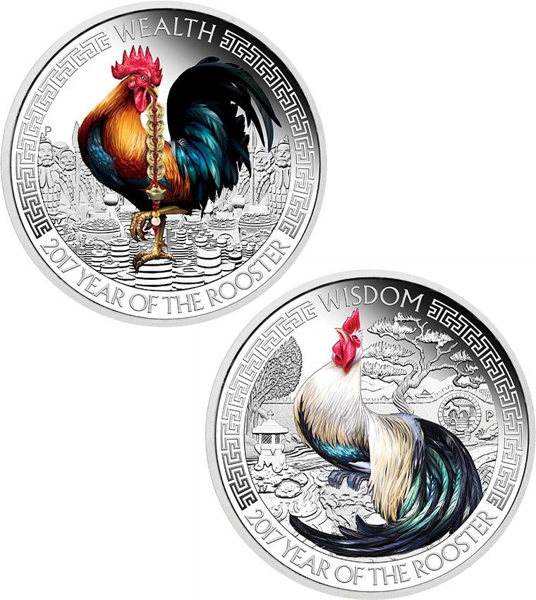 Tuvalu 2017 $1 Lunar Good Fortune Wealth & Wisdom Rooster 1oz Silver Coloured Proof 2 Coin Set