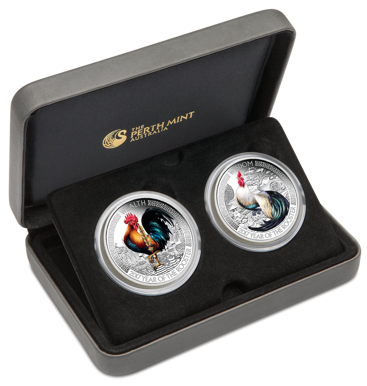 Tuvalu 2017 $1 Lunar Good Fortune Wealth & Wisdom Rooster 1oz Silver Coloured Proof 2 Coin Set