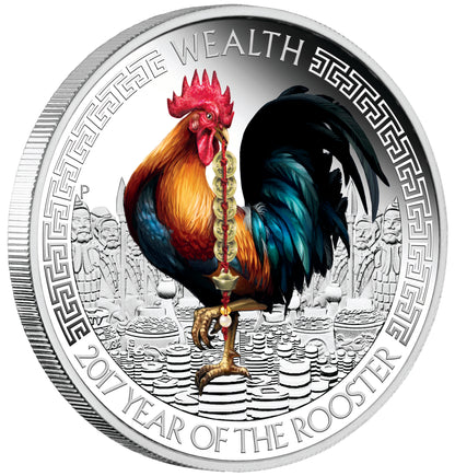 Tuvalu 2017 $1 Lunar Good Fortune Wealth & Wisdom Rooster 1oz Silver Coloured Proof 2 Coin Set