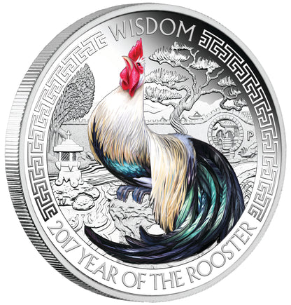 Tuvalu 2017 $1 Lunar Good Fortune Wealth & Wisdom Rooster 1oz Silver Coloured Proof 2 Coin Set