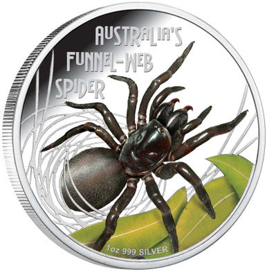 Tuvalu 2012 $1 Deadly and Dangerous Funnel Web Spider 1oz Silver Coloured Proof Coin