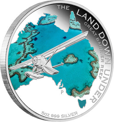 2014 $8 The Land Down Under Great Barrier Reef 5oz Silver Coloured Proof Coin