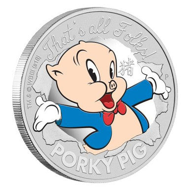 Tuvalu 2019 $1 Looney Tunes Porky Pig 1oz Silver Coloured Proof Coin