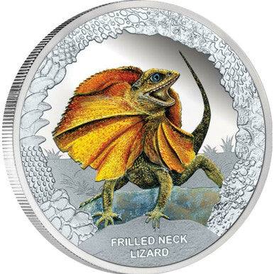 Tuvalu 2013 $1 Australia's Remarkable Reptile Frilled Neck Lizard 1oz Silver Coloured Proof Coin