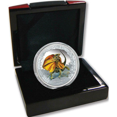 Tuvalu 2013 $1 Australia's Remarkable Reptile Frilled Neck Lizard 1oz Silver Coloured Proof Coin