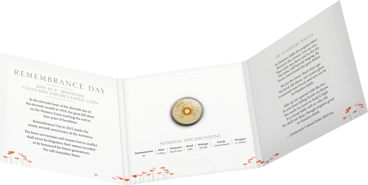 2015 $2 Remembrance Day 'C' Mintmark Coloured Uncirculated Coin
