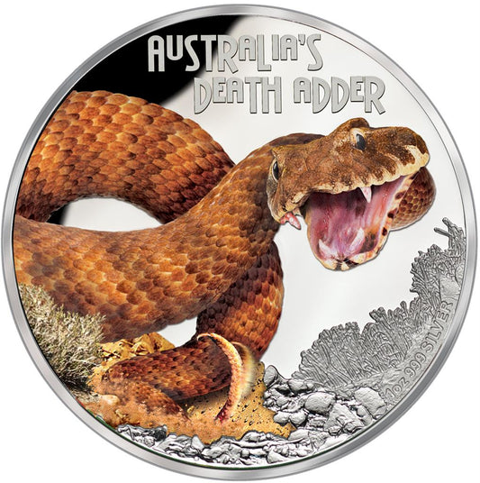 Tuvalu 2016 $1 Deadly and Dangerous Death Adder 1oz Silver Coloured Proof Coin