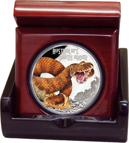 Tuvalu 2016 $1 Deadly and Dangerous Death Adder 1oz Silver Coloured Proof Coin