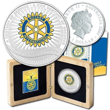 2005 $1 Rotary 1oz Silver Coloured Proof Coin with Stamp Set