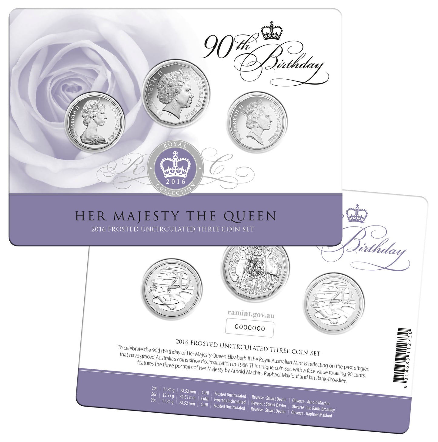 2016 90th Birthday Her Majesty The Queen Frosted Uncirculated 3 Coin Set