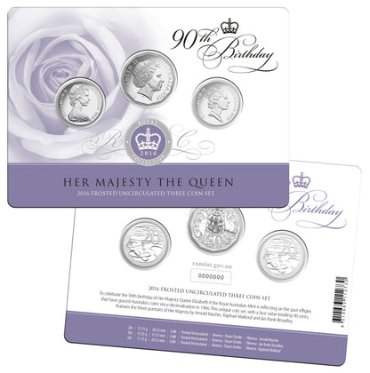 2016 90th Birthday Her Majesty The Queen Frosted Uncirculated 3 Coin Set