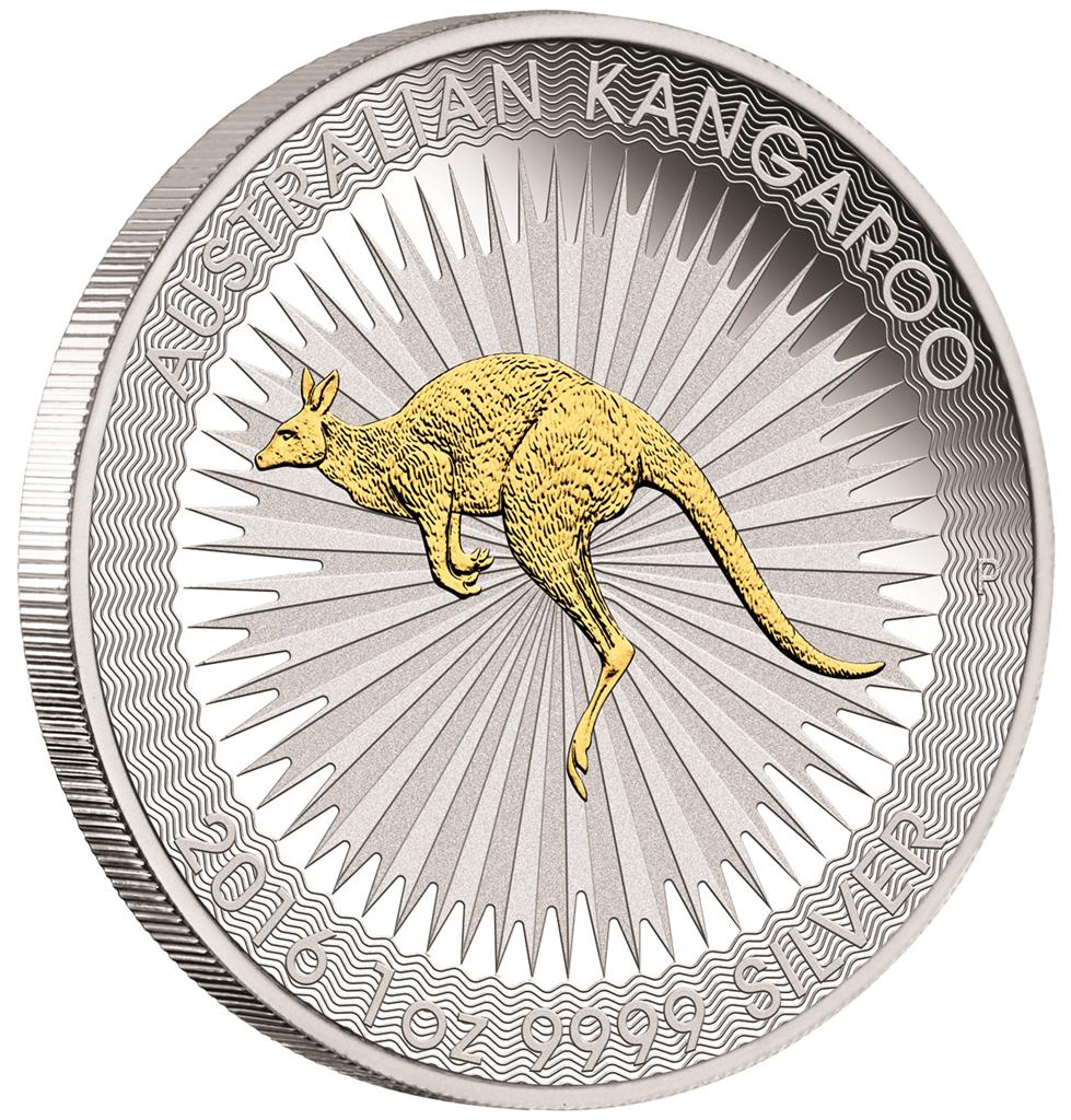 2016 $1 Australian Kangaroo 1oz Silver Gilded Coin