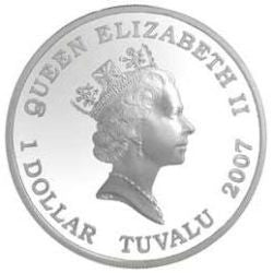 Tuvalu 2007 $1 Deadly and Dangerous Great White Shark 1oz Silver Coloured Proof Coin