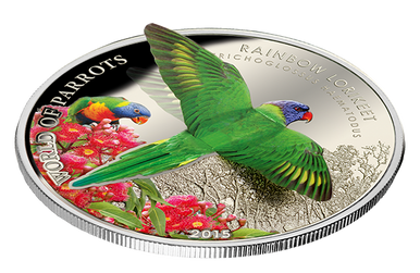 Cook Islands 2015 $5 World of Parrots Rainbow Lorikeet Silver Coloured 3D Coin