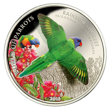 Cook Islands 2015 $5 World of Parrots Rainbow Lorikeet Silver Coloured 3D Coin