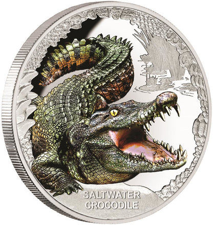 Tuvalu 2017 $1 Australia's Remarkable Reptile Saltwater Crocodile 1oz Silver Coloured Proof Coin