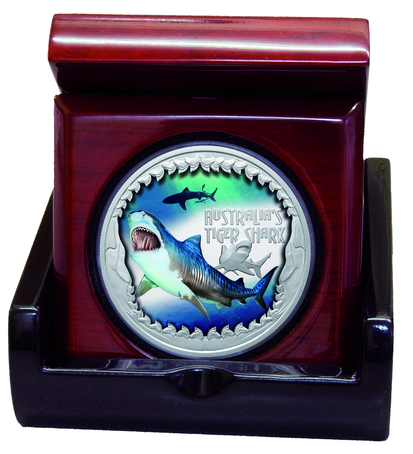 Tuvalu 2023 $1 Deadly and Dangerous Tiger Shark 1oz Silver Coloured Proof Coin