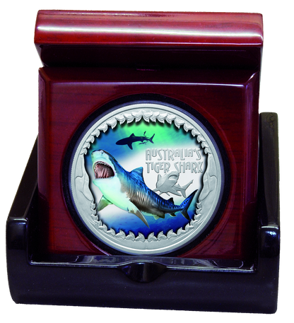 Tuvalu 2023 $1 Deadly and Dangerous Tiger Shark 1oz Silver Coloured Proof Coin