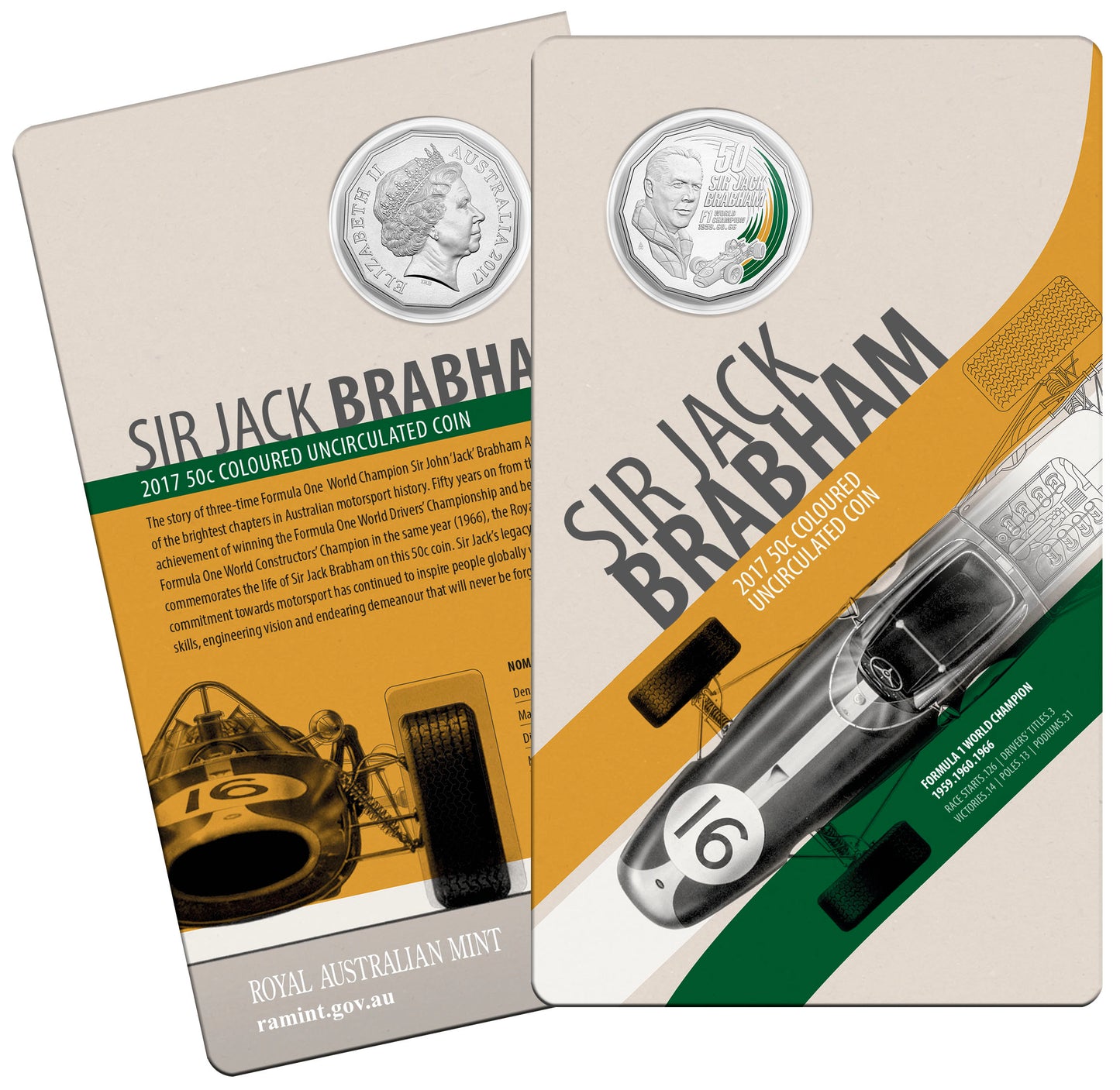 2017 50c Sir Jack Brabham F1 World Champion Coloured Uncirculated Coin