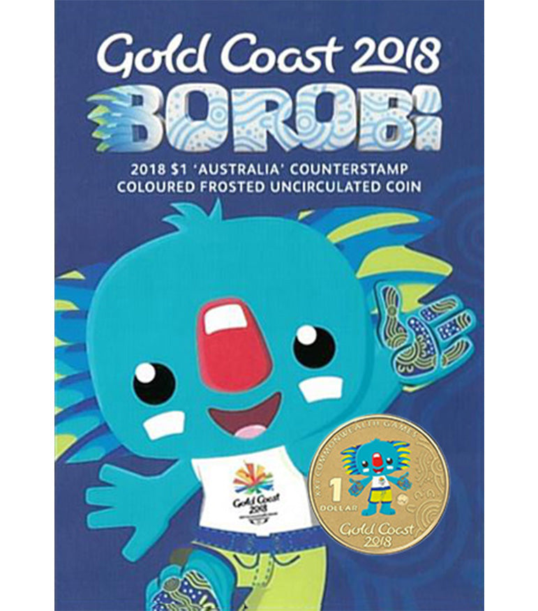 2018 $1 Gold Coast Commonwealth Games Borobi 'Australia' Counterstamp Coloured Uncirculated Coin