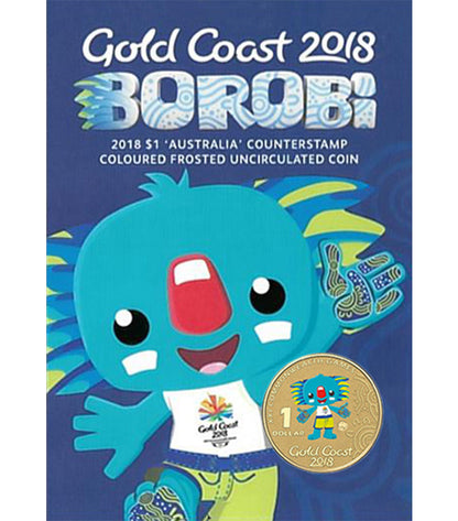 2018 $1 Gold Coast Commonwealth Games Borobi 'Australia' Counterstamp Coloured Uncirculated Coin
