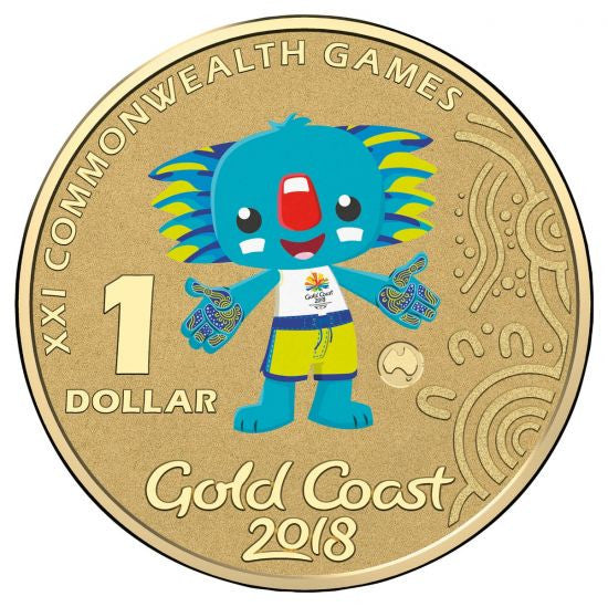 2018 $1 Gold Coast Commonwealth Games Borobi 'Australia' Counterstamp Coloured Uncirculated Coin