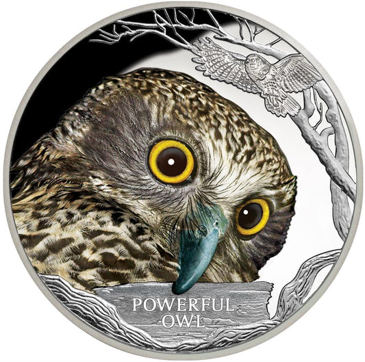 Tuvalu 2018 $1 Endangered and Extinct Powerful Owl 1oz Silver Coloured Proof Coin