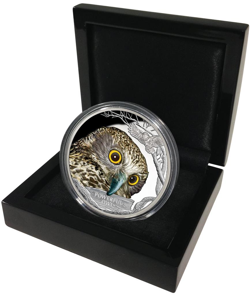 Tuvalu 2018 $1 Endangered and Extinct Powerful Owl 1oz Silver Coloured Proof Coin