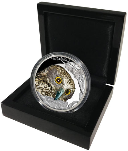 Tuvalu 2018 $1 Endangered and Extinct Powerful Owl 1oz Silver Coloured Proof Coin