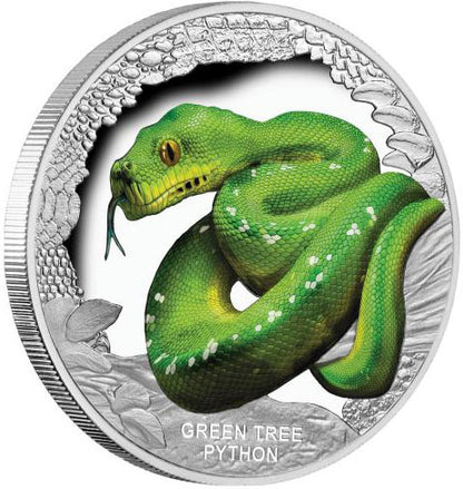 Tuvalu 2018 $1 Australia's Remarkable Reptile Green Tree Python 1oz Silver Coloured Proof Coin