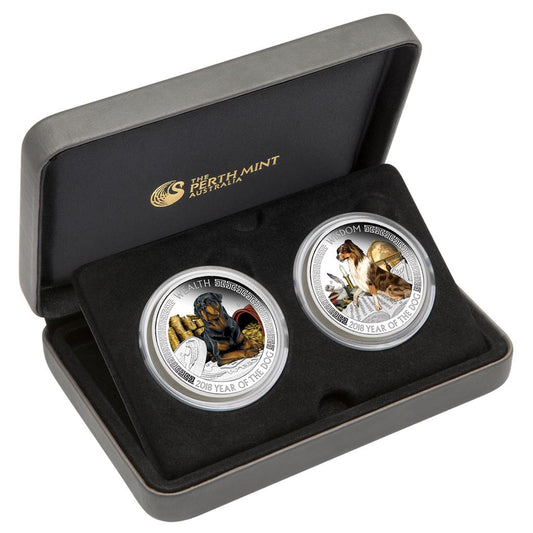 Tuvalu 2018 $1 Lunar Good Fortune Year of The Dog Wealth & Wisdom 1oz Silver Coloured 2 Coin Proof Set