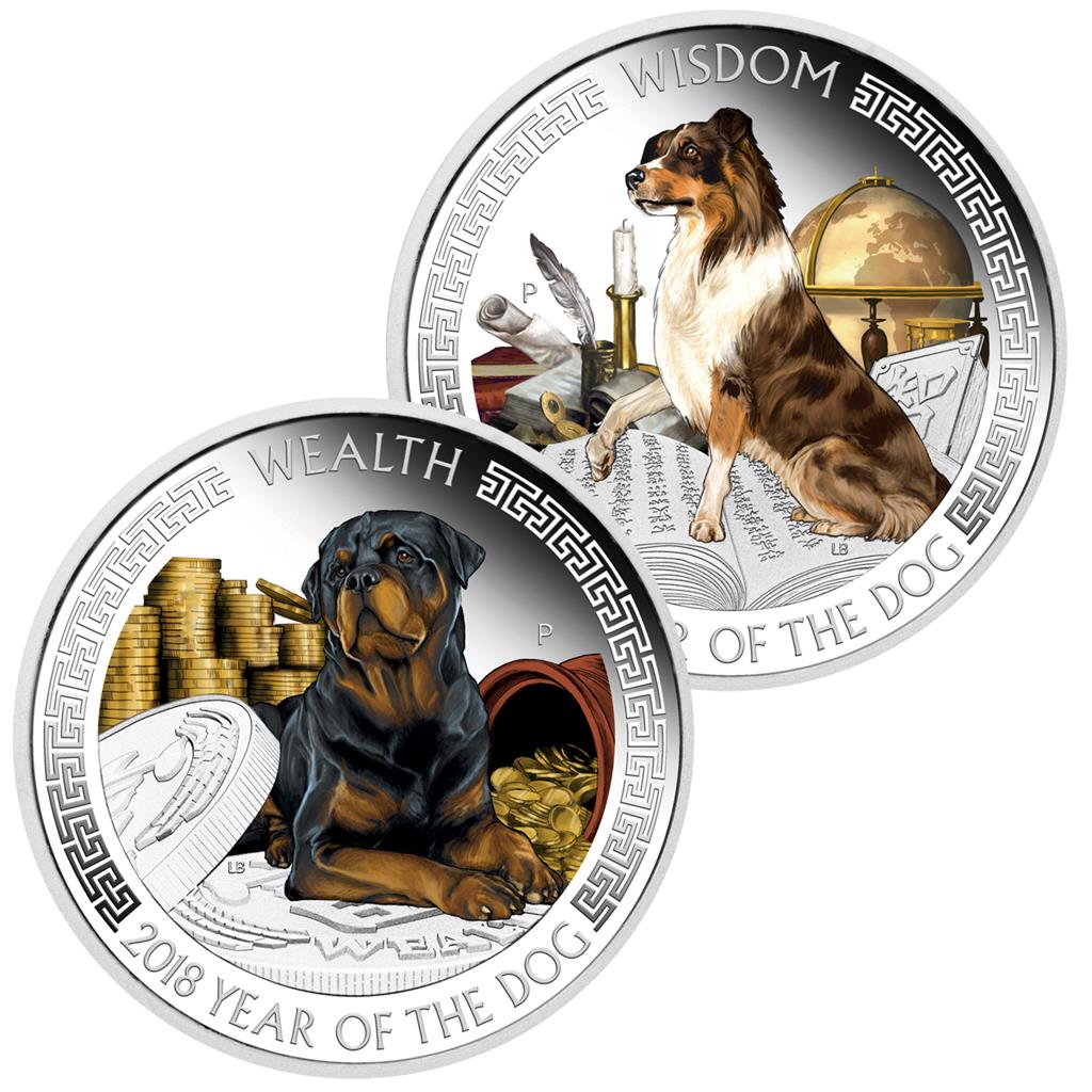 Tuvalu 2018 $1 Lunar Good Fortune Year of The Dog Wealth & Wisdom 1oz Silver Coloured 2 Coin Proof Set