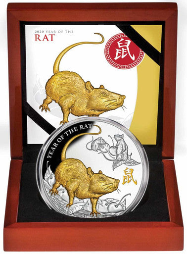 2020 Year of the Rat $8 Gilded 5oz Silver Proof