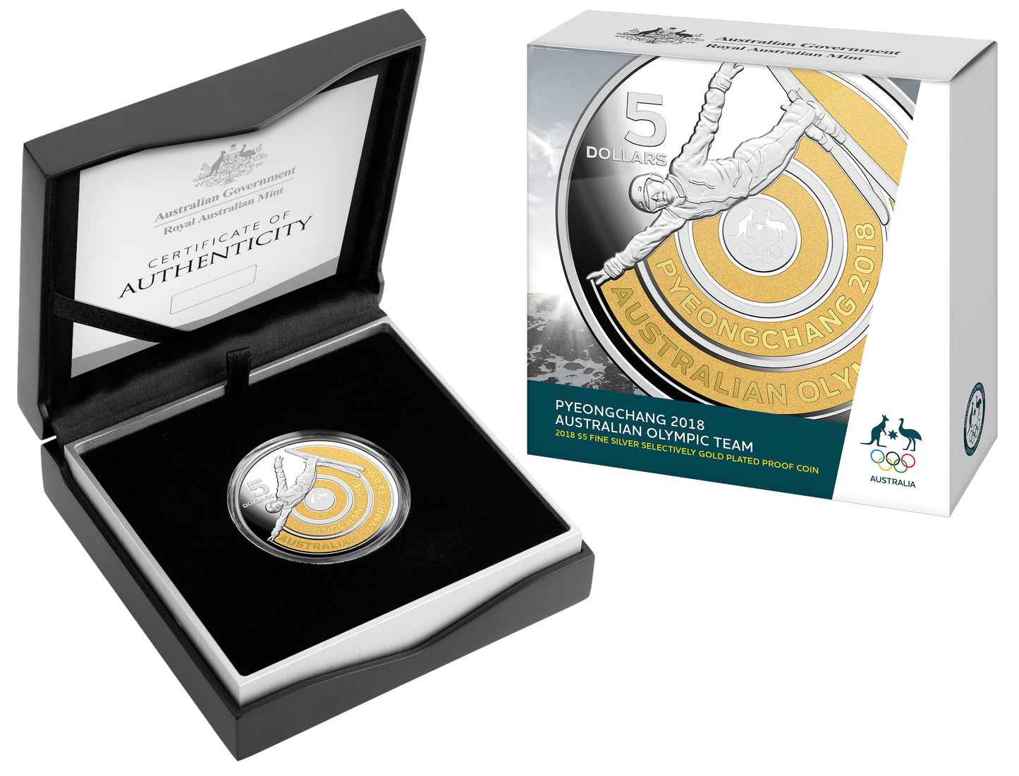 2018 $5 Pyeong Chang Australian Olympic Team Selectively Gold Plated 1oz Silver Proof Coin