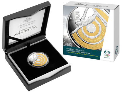 2018 $5 Pyeong Chang Australian Olympic Team Selectively Gold Plated 1oz Silver Proof Coin