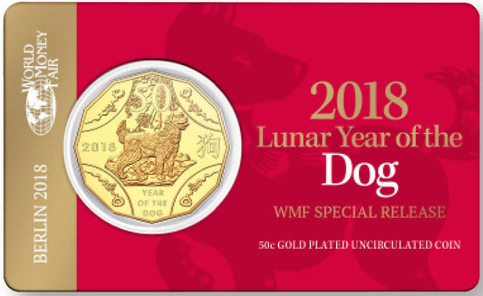 2018 50c WMF Berlin Lunar Year of The Dog Gold Plated Uncirculated Coin