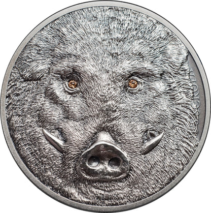 Mongolia 2018 500 Togrog Wild Boar with Swarovski Eyes 1oz Silver Antiqued Coin