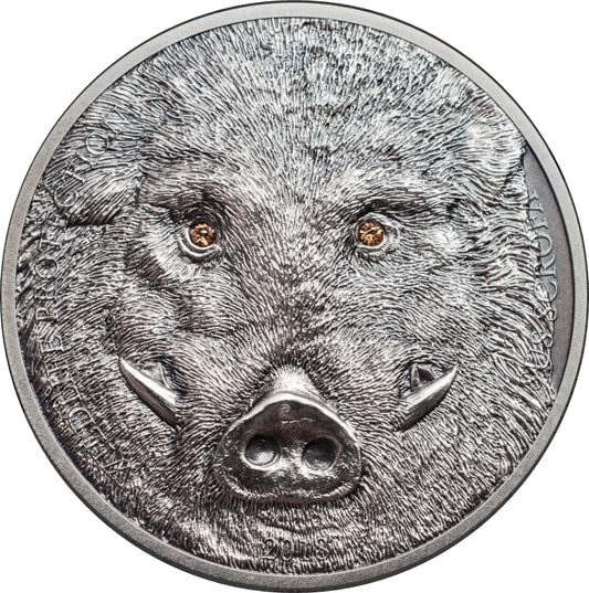 Mongolia 2018 500 Togrog Wild Boar with Swarovski Eyes 1oz Silver Antiqued Coin