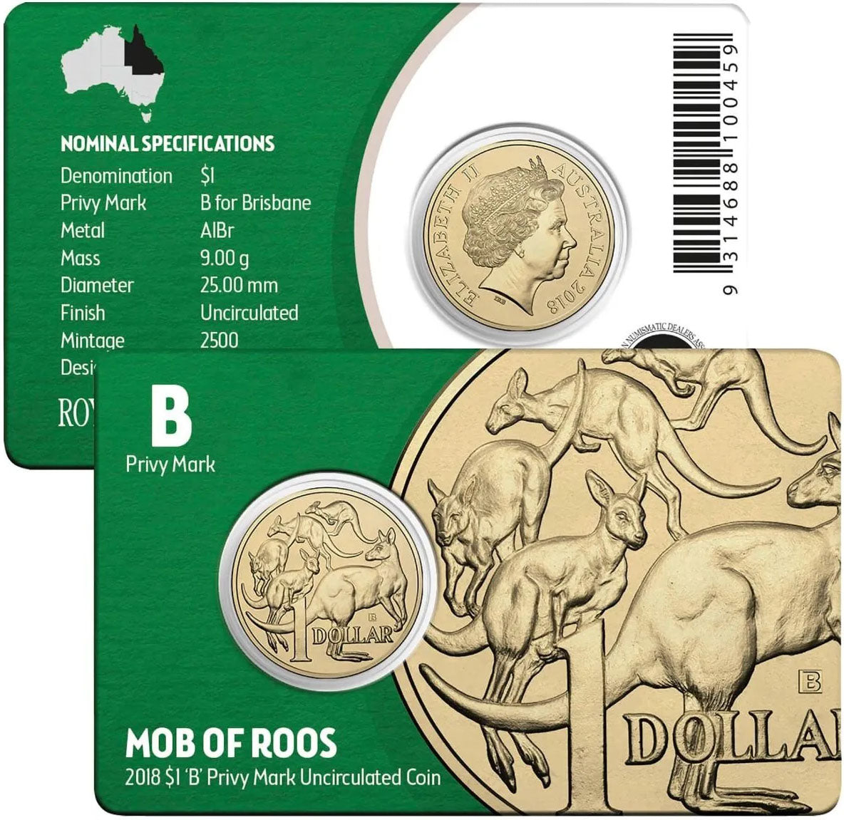 2018 $1 ANDA Brisbane Mob of Roos 'B' Privy Mark Uncirculated Coin