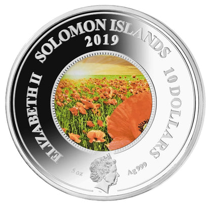 Solomon Islands 2019 $10 We Will Remember Them with Coloured Glass Inlay 5oz Silver Proof Coin